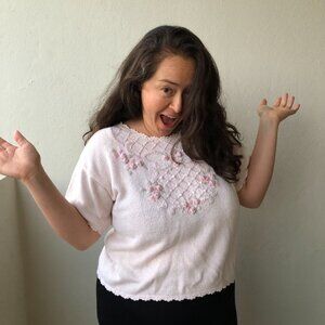 Vintage Pink Knit Woven Floral Blouse Size M